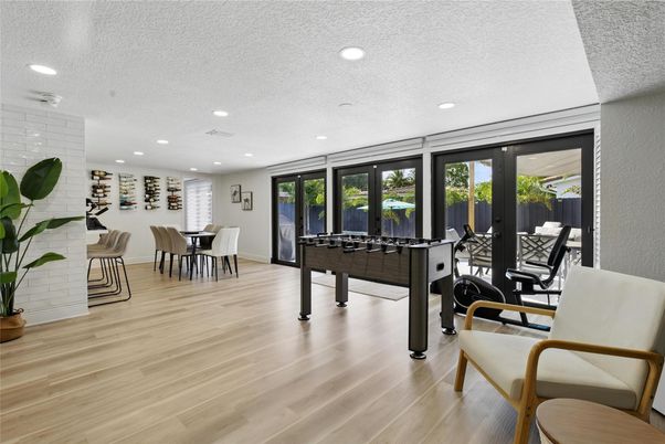 Dining room, Game Room, Interior, Recessed Lighting, Wood Texture Flooring