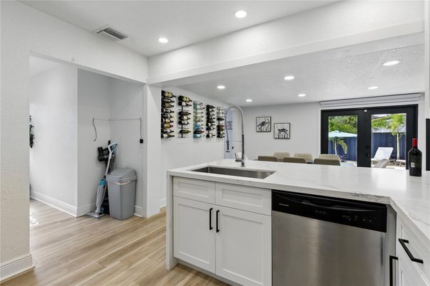 Interior, Kitchen, Recessed Lighting, Stainless Steel Appliances, Wood Texture Flooring