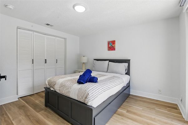 Bedroom, Interior, Recessed Lighting, Wood Texture Flooring