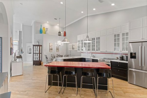 Interior, Kitchen, Pendant Lights, Recessed Lighting, Stainless Steel Appliances, Wood Texture Flooring