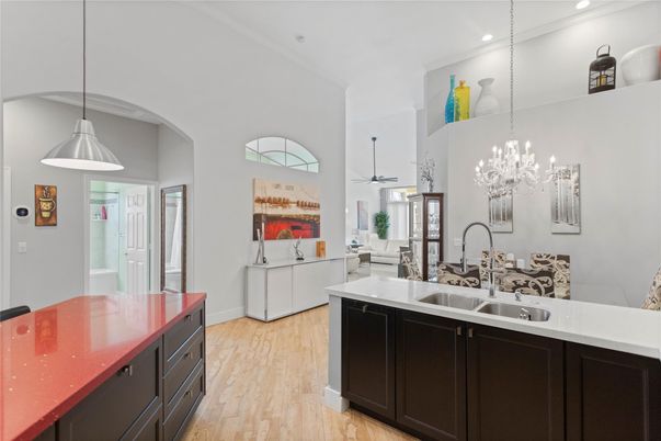 Chandelier, Interior, Kitchen, Pendant Lights, Recessed Lighting, Wood Texture Flooring