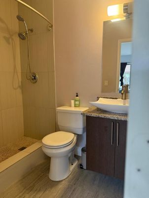 Bathroom, Glass Shower, Interior, Wood Texture Flooring