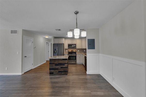 Interior, Kitchen, Pendant Lights, Stainless Steel Appliances, Wood Texture Flooring