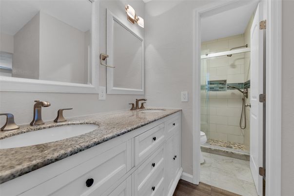 Bathroom, Dual Sink Vanities, Glass Shower, Interior, Marble