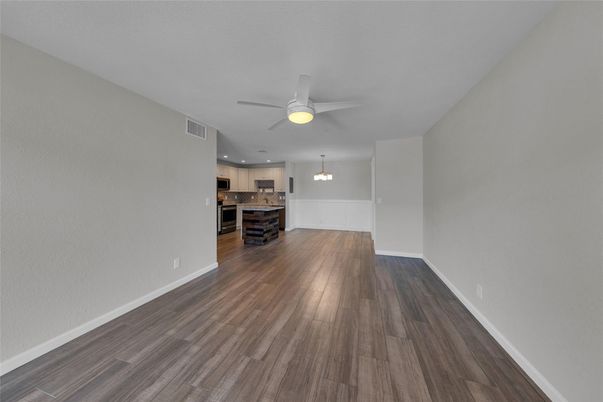 Empty room, Interior, Kitchen, Pendant Lights, Recessed Lighting, Wood Texture Flooring