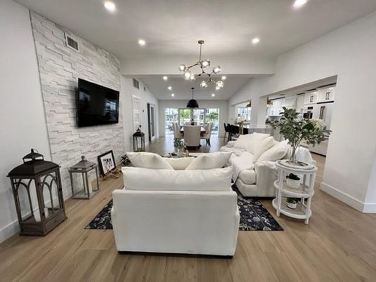 Dining room, Interior, Living room, Pendant Lights, Recessed Lighting, Stone Walls, Wood Texture Flooring