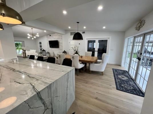 Dining room, Interior, Kitchen, Living room, Pendant Lights, Recessed Lighting, Wood Texture Flooring