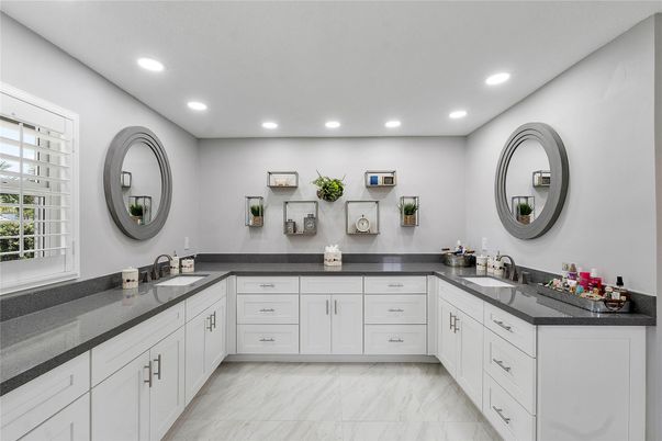 Bathroom, Dual Sink Vanities, Interior, Marble, Recessed Lighting