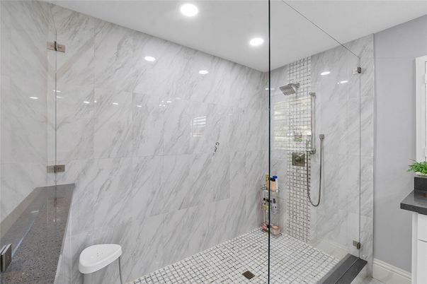 Bathroom, Glass Shower, Interior, Marble Walls, Recessed Lighting