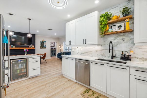 Dining room, Interior, Kitchen, Pendant Lights, Recessed Lighting, Stainless Steel Appliances, Wood Texture Flooring