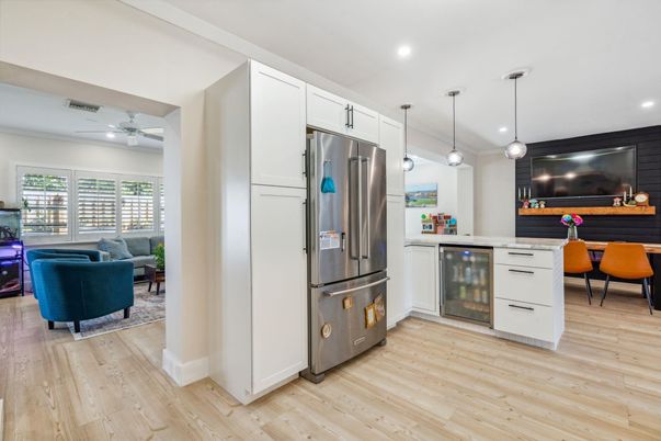 Interior, Kitchen, Living room, Pendant Lights, Recessed Lighting, Stainless Steel Appliances, Wood Texture Flooring