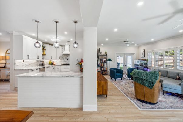 Interior, Kitchen, Living room, Pendant Lights, Recessed Lighting, Wood Texture Flooring
