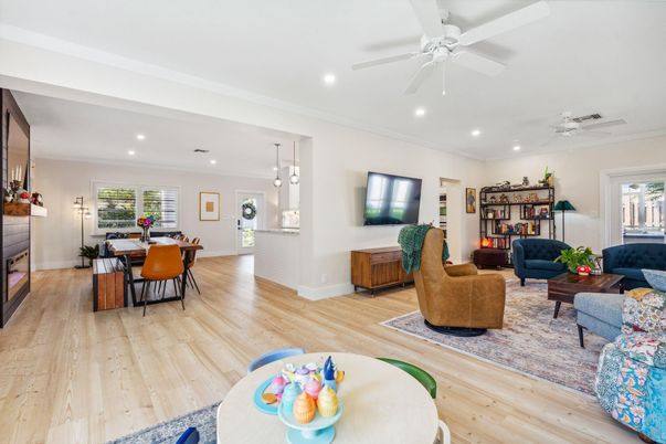 Dining room, Interior, Living room, Pendant Lights, Recessed Lighting, Wood Texture Flooring