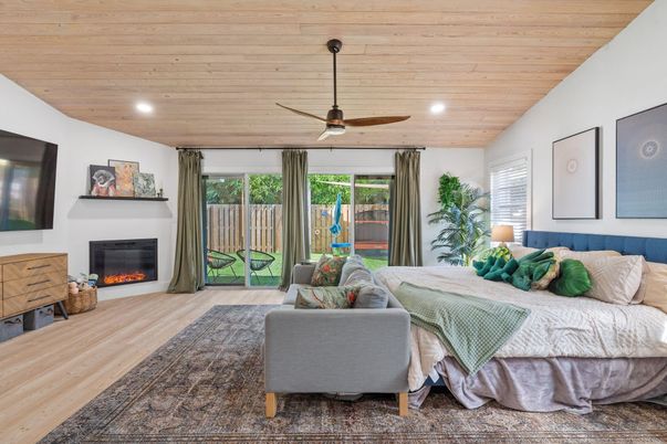 Bedroom, Fireplace, Interior, Living room, Recessed Lighting, Wooden Ceilings, Wood Texture Flooring