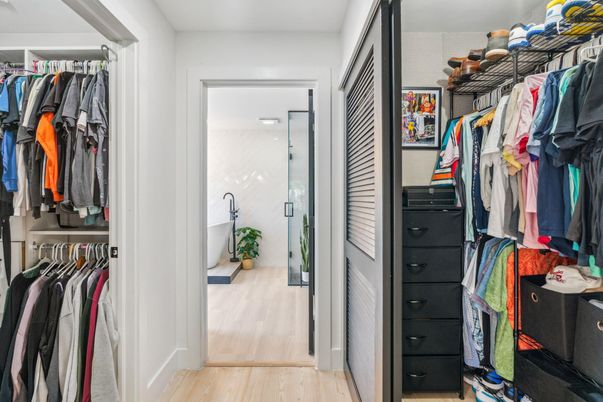 Bathroom, Glass Shower, Interior, Walk-in Closets, Wood Texture Flooring
