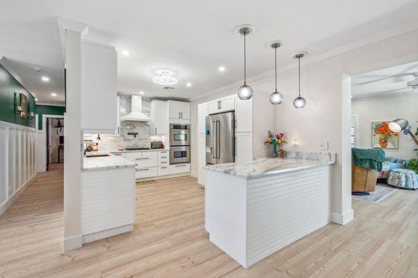 Interior, Kitchen, Pendant Lights, Recessed Lighting, Stainless Steel Appliances, Wood Texture Flooring
