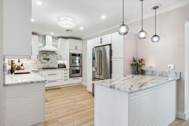 Interior, Kitchen, Pendant Lights, Recessed Lighting, Stainless Steel Appliances, Wood Texture Flooring