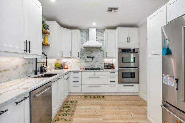 Interior, Kitchen, Recessed Lighting, Stainless Steel Appliances, Wood Texture Flooring