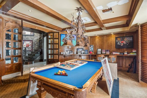 Billiard Table, Chandelier, Game Room, Interior, Recessed Lighting, Wooden Beams, Wooden Walls