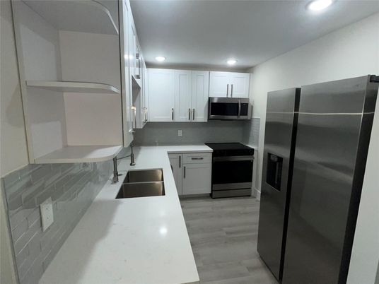 Interior, Kitchen, Recessed Lighting, Stainless Steel Appliances, Wood Texture Flooring