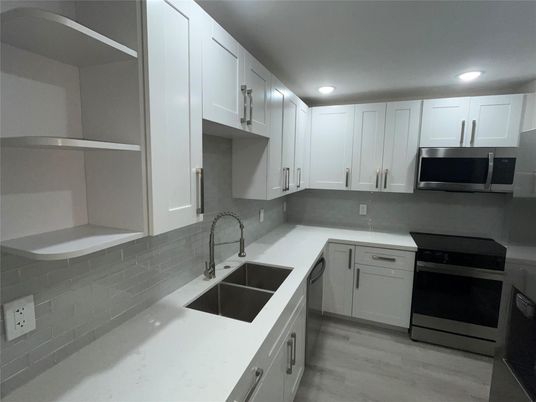 Interior, Kitchen, Recessed Lighting, Stainless Steel Appliances, Wood Texture Flooring