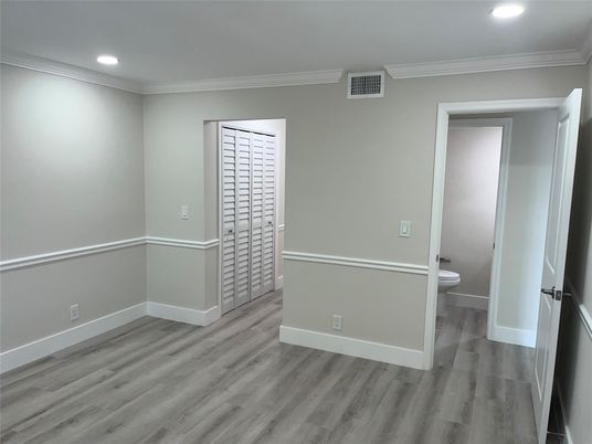 Bathroom, Empty room, Interior, Recessed Lighting, Wood Texture Flooring