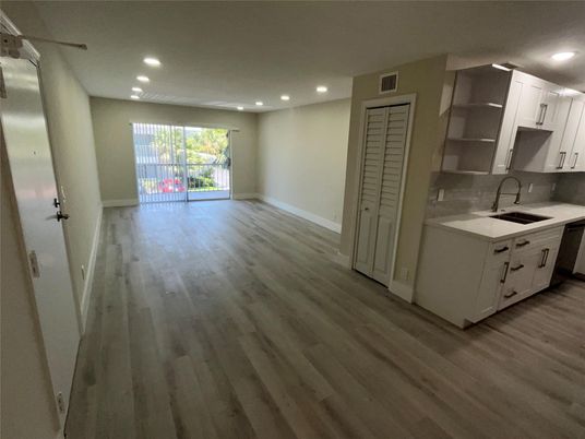 Empty room, Interior, Kitchen, Recessed Lighting, Wood Texture Flooring