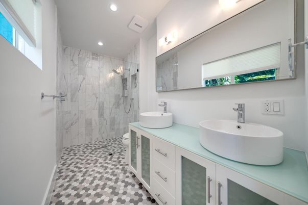 Bathroom, Dual Sink Vanities, Glass Shower, Interior, Marble Walls, Recessed Lighting