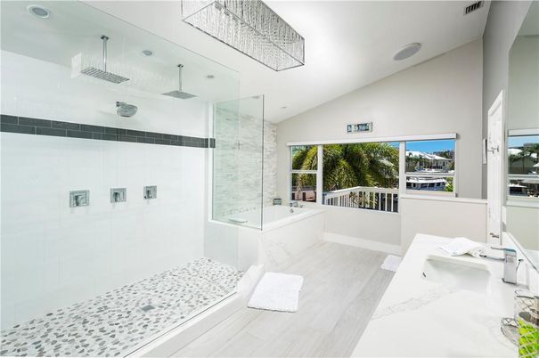 Bathroom, Glass Shower, Interior, Recessed Lighting, Wood Texture Flooring