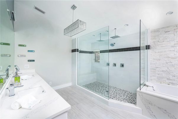Bathroom, Glass Shower, Interior, Pendant Lights, Recessed Lighting, Wood Texture Flooring