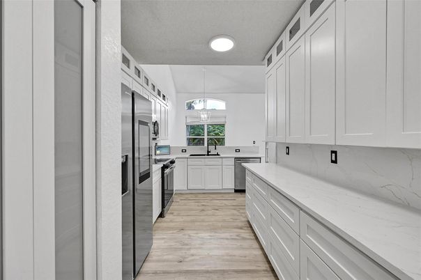 Interior, Kitchen, Pendant Lights, Stainless Steel Appliances, Wood Texture Flooring