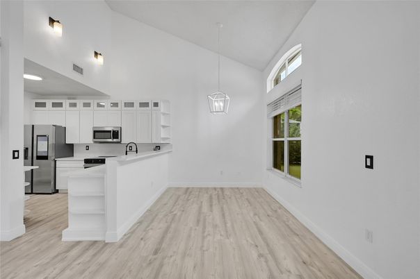 Interior, Kitchen, Pendant Lights, Stainless Steel Appliances, Wood Texture Flooring