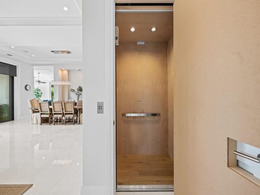 Dining room, Elevator, Interior, Pendant Lights, Recessed Lighting, Wooden Walls