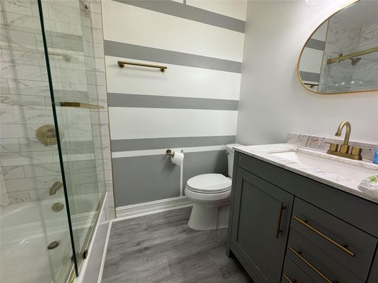 Bathroom, Glass Shower, Interior, Wood Texture Flooring