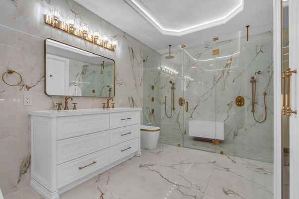 Bathroom, Dual Sink Vanities, Free Standing Baths, Glass Shower, Interior, Marble, Marble Walls, Recessed Lighting