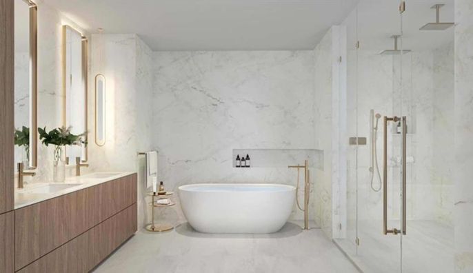Bathroom, Dual Sink Vanities, Free Standing Baths, Glass Shower, Interior, Marble, Marble Walls