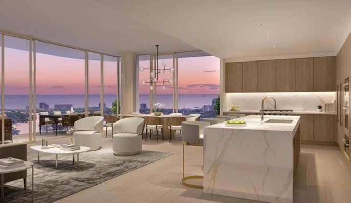 Dining room, Interior, Kitchen, Living room, Marble Walls, Pendant Lights, Recessed Lighting, Water, Wood Texture Flooring