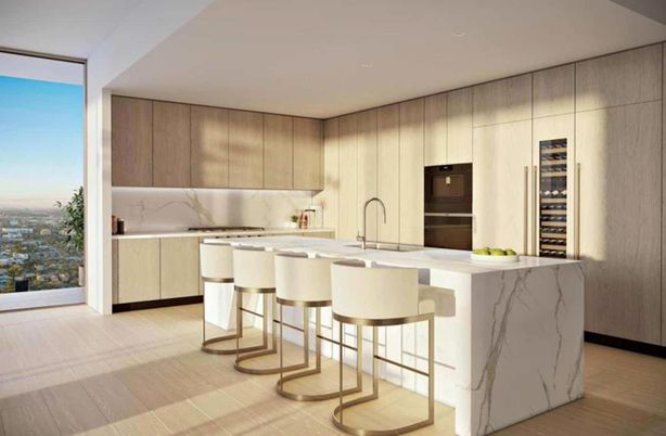 Interior, Kitchen, Marble Walls, Recessed Lighting, Stainless Steel Appliances, Wood Texture Flooring