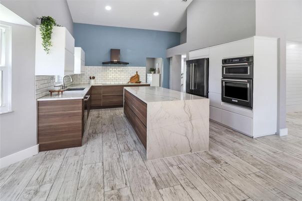 Interior, Kitchen, Recessed Lighting, Stainless Steel Appliances, Wood Texture Flooring