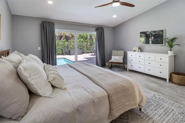 Bedroom, Interior, Recessed Lighting, Wood Texture Flooring