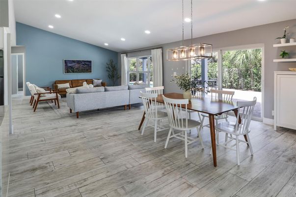 Dining room, Interior, Living room, Pendant Lights, Recessed Lighting, Wood Texture Flooring