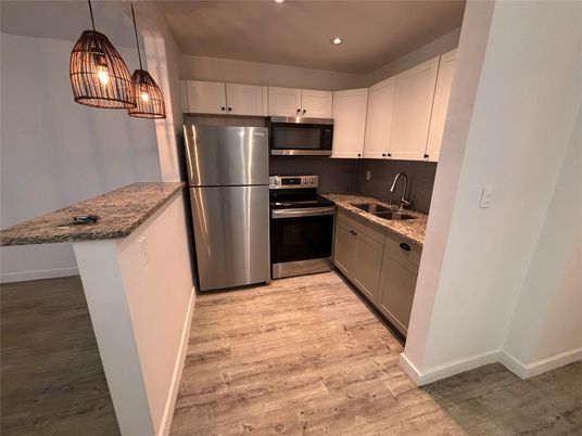 Interior, Kitchen, Pendant Lights, Recessed Lighting, Stainless Steel Appliances, Wood Texture Flooring