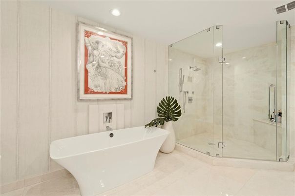 Bathroom, Free Standing Baths, Glass Shower, Interior, Recessed Lighting