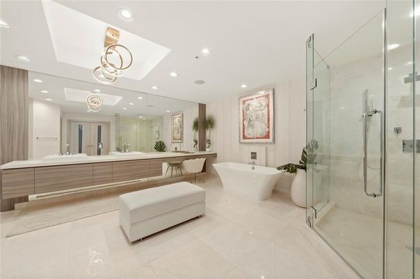 Bathroom, Dual Sink Vanities, Free Standing Baths, Glass Shower, Interior, Pendant Lights, Recessed Lighting