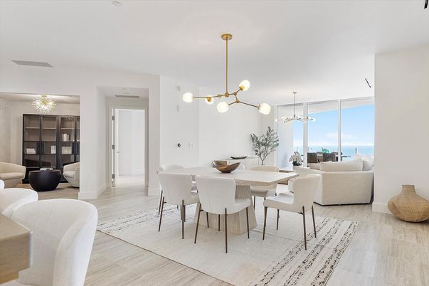 Dining room, Interior, Living room, Pendant Lights, Wood Texture Flooring