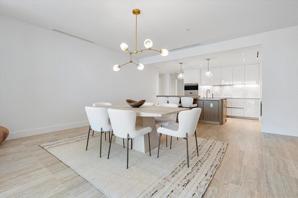 Dining room, Interior, Kitchen, Pendant Lights, Recessed Lighting, Stainless Steel Appliances, Wood Texture Flooring