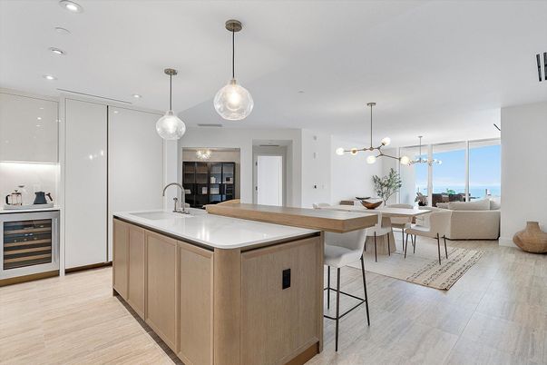 Dining room, Interior, Kitchen, Living room, Pendant Lights, Recessed Lighting, Water, Wood Texture Flooring
