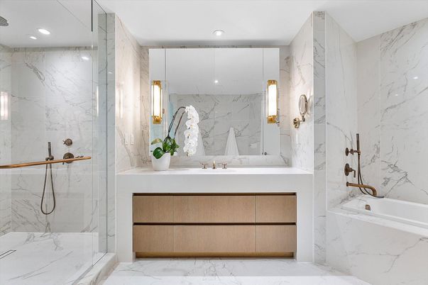 Bathroom, Glass Shower, Interior, Marble, Marble Walls, Recessed Lighting