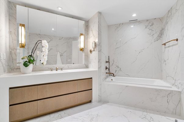 Bathroom, Dual Sink Vanities, Interior, Marble, Marble Walls, Recessed Lighting
