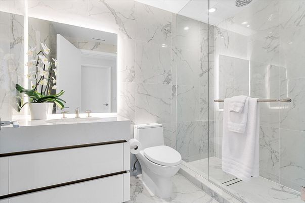 Bathroom, Glass Shower, Interior, Marble, Marble Walls, Recessed Lighting